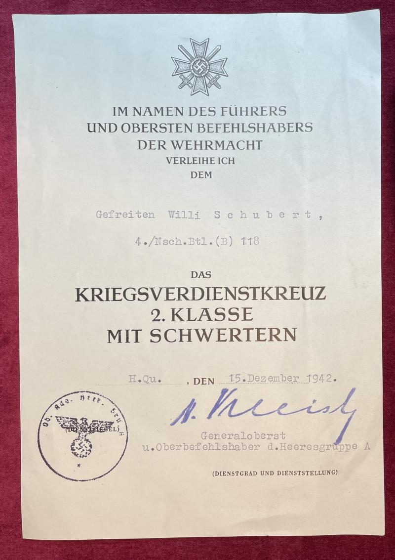 3rd Reich Urkunde mit Orginalunterschrift von Ritterkreuzträger Generaloberst Ewald von Kleist