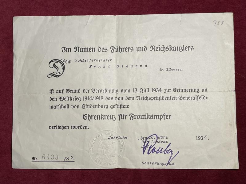 3rd Reich Urkunde Ehrenkreuz für Frontkämpfer