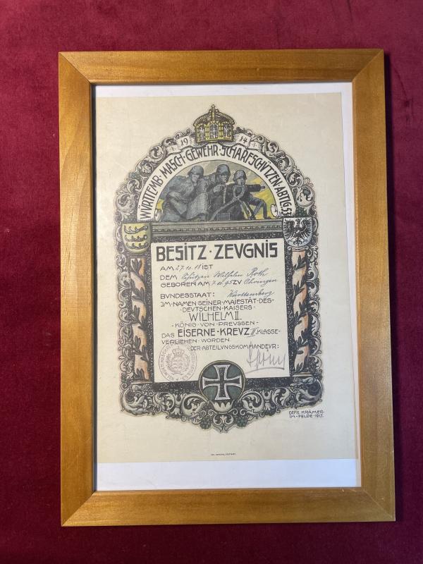 Award document iron cross 2nd class Wurttemberg Maschinengewehr-Scharfschützen-Abteilung Nr. 53