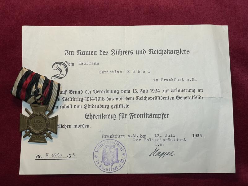 3rd Reich Frontkämpferkreuz mit Einzelspange und urkunde