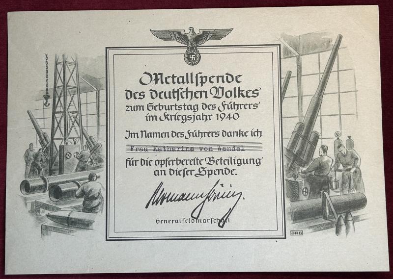 3rd Reich Urkunde Metallspende des deutschen Volkes