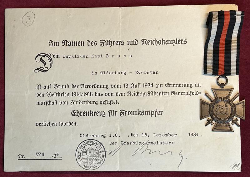 3rd Reich Ehrenkreuz für Frontkämpferkreuz (O.3) mit urkunde