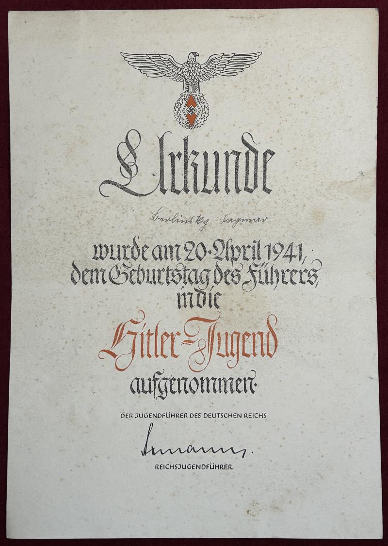 3rd Reich Urkunde Aufnahme Hitlerjugend 1941
