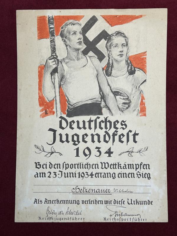 3rd Reich HJ Urkunde Deutsches Jugendfest 1934