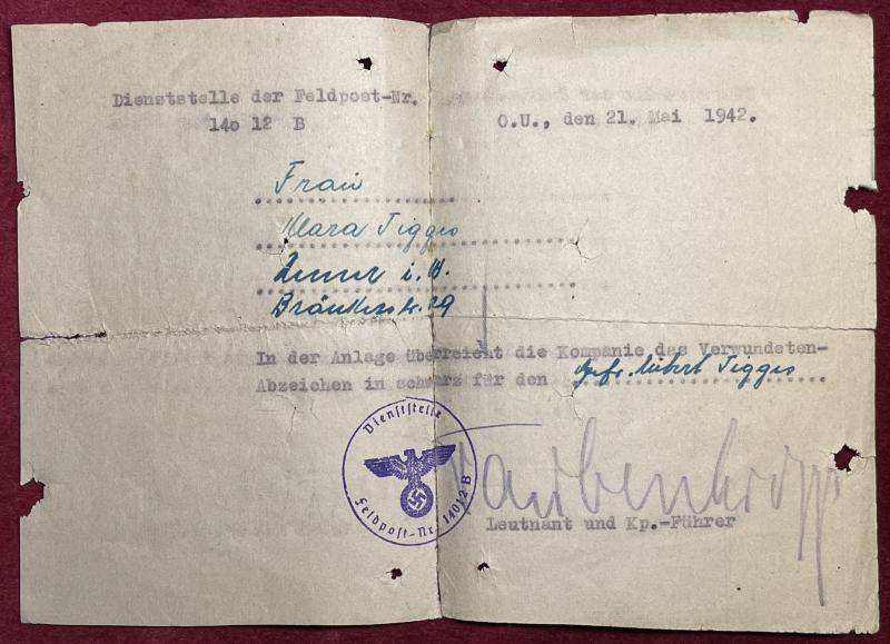 3rd Reich Feldpost für die überreichung der Verwundetenabzeichen in Schwarz