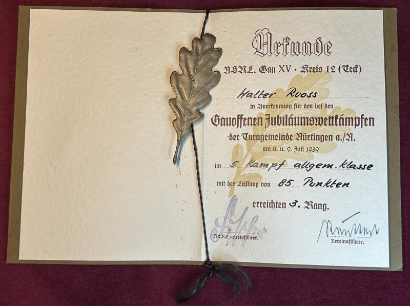 3rd Reich NSRL Gau VI Kreis 12 Jubiläumswettkämpfen Siegerurkunde 1939