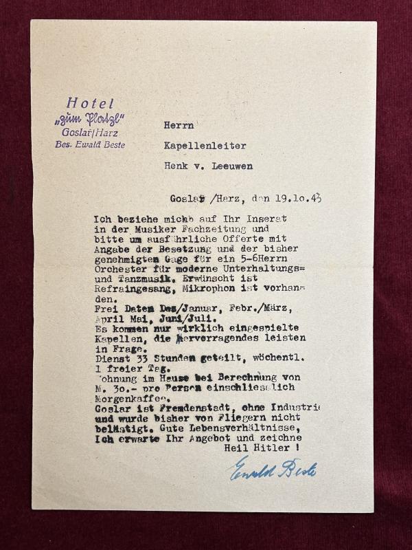 3rd Reich Brief für ein 5-6-köpfiges Herrenorchester
